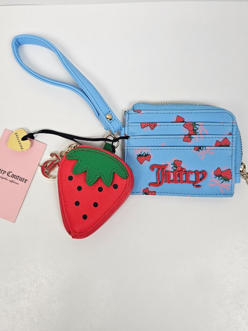 Juicy Couture Sweet Strawberry Zip Wallet Card Case Wristlet Blue Coin Purse Set